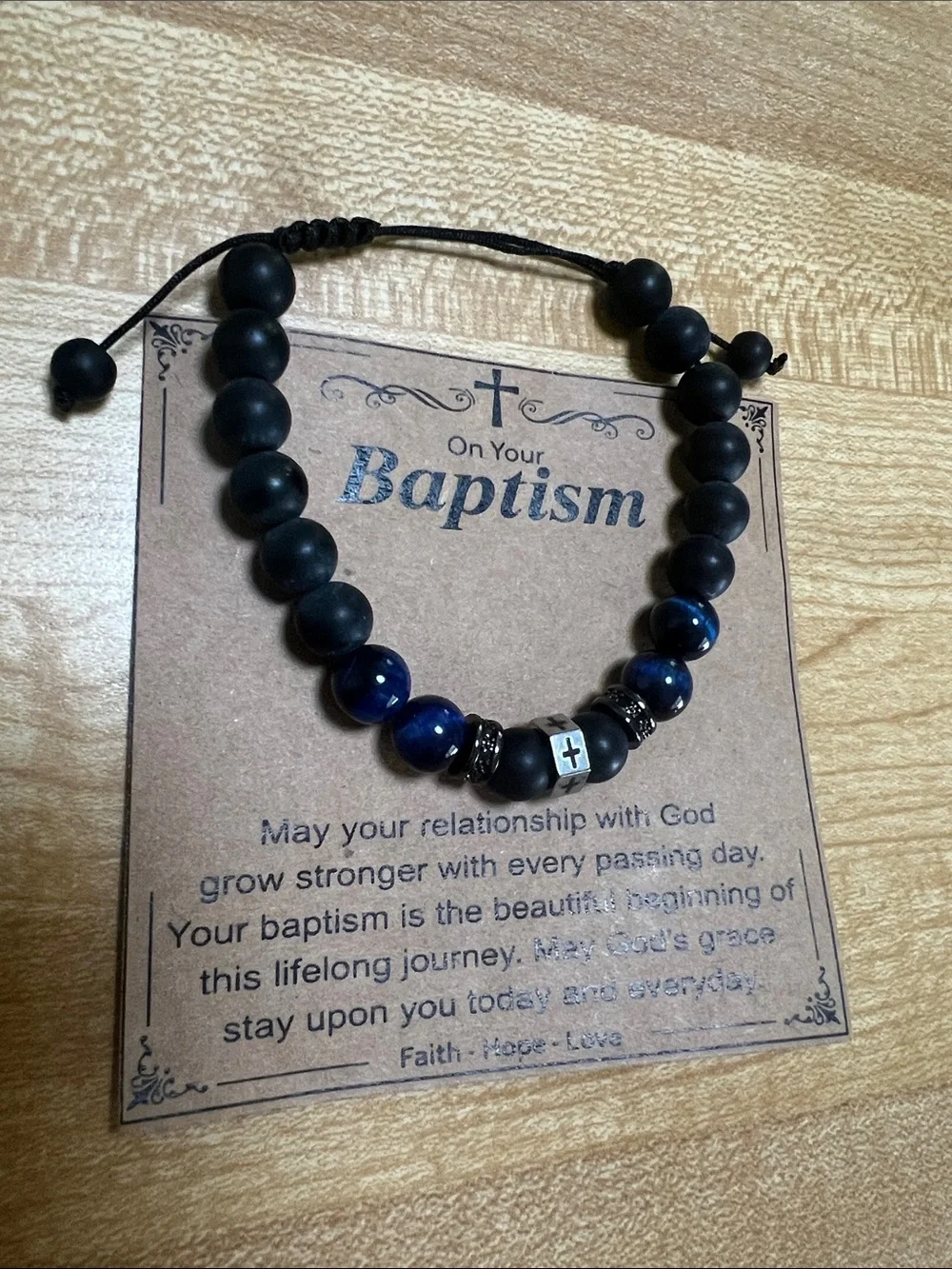 #2677**Men's Black and Navy Beaded Baptism Bracelet - Unbranded